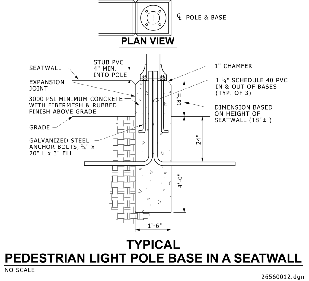 Technical drawing of a light pole base in a seatwall with construction details.