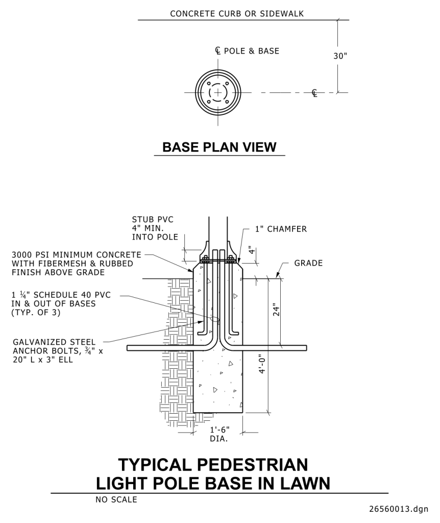 Technical drawing of a pedestrian light pole base design with plan and cross-sectional views.