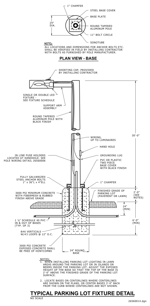 Technical diagram of a parking lot light fixture showing assembly and installation details.