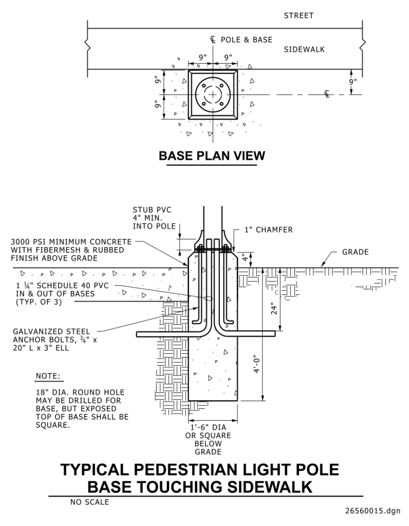 Engineering drawing of a pedestrian light pole base design touching a sidewalk, with detailed dimensions and material specifications.