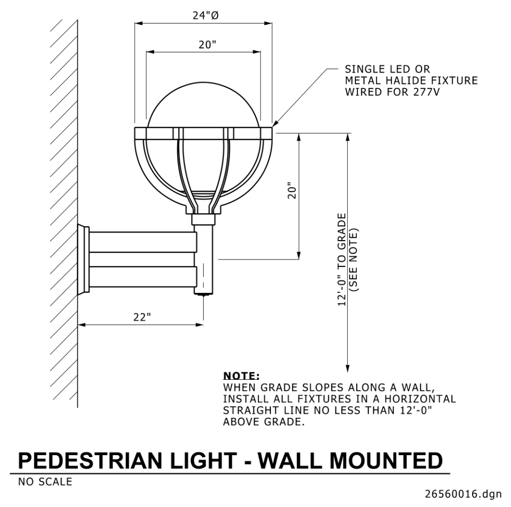 Technical drawing of a 24-inch diameter wall-mounted pedestrian light fixture, designed for 277 volts.