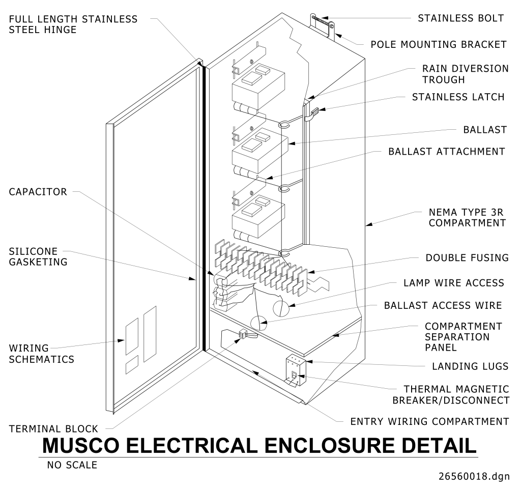 Technical drawing of an open Musco electrical enclosure with labeled components.