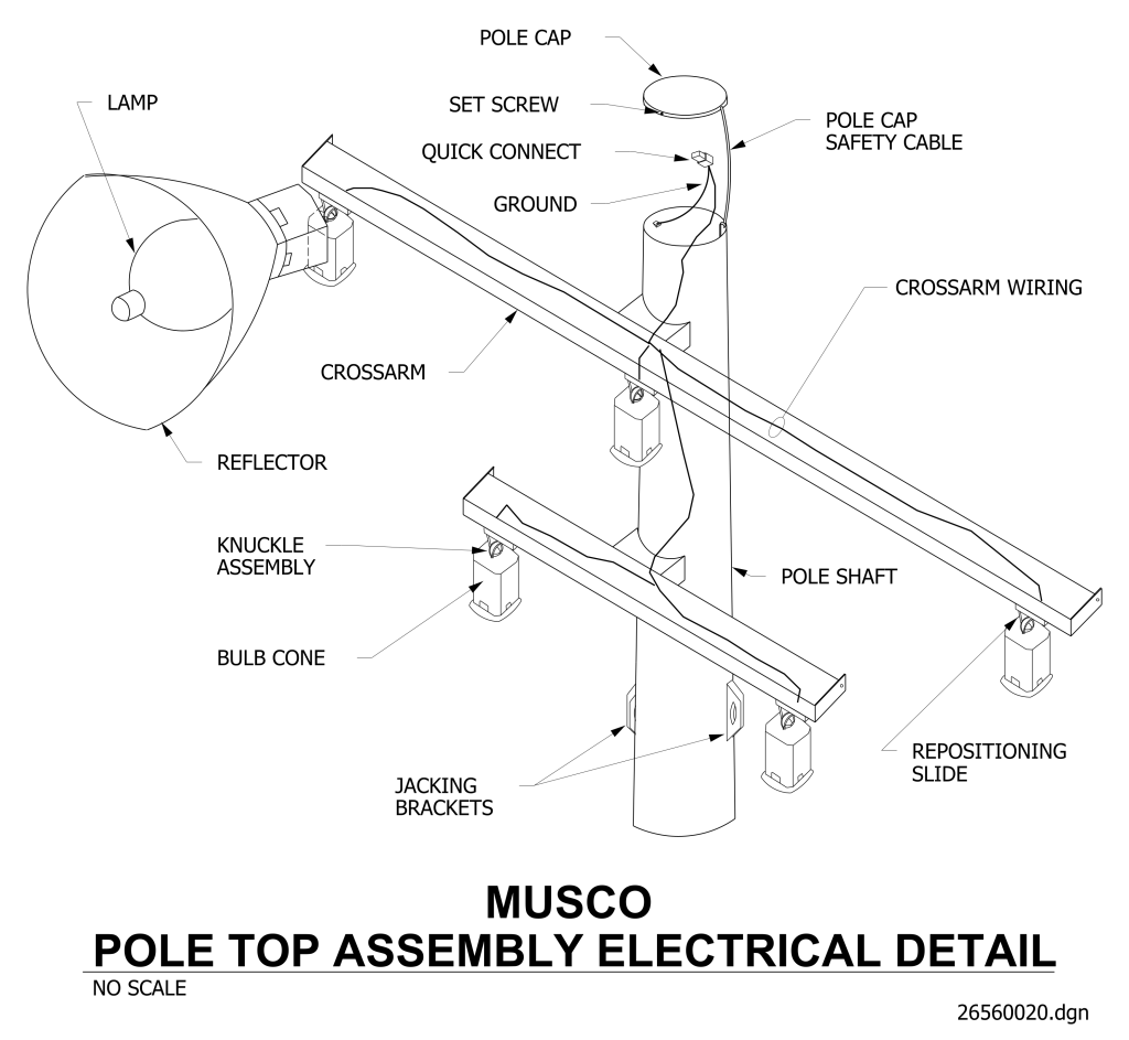 Technical illustration of a pole top assembly showing various components like crossarms, lamp, and pole cap.