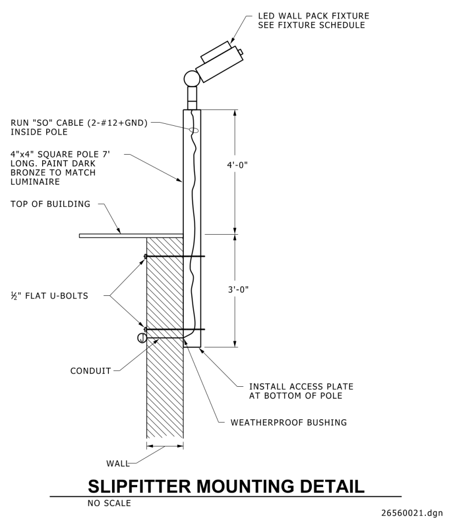 Diagram of a slipfitter mounting detail for an LED wall pack fixture on a building.