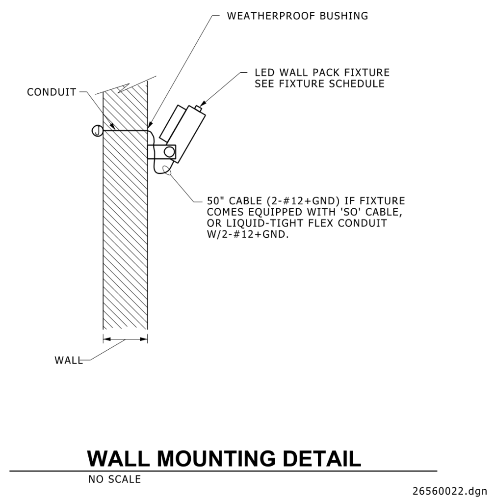 Technical drawing of a wall mounting detail for an LED wall pack fixture with labels and specifications.