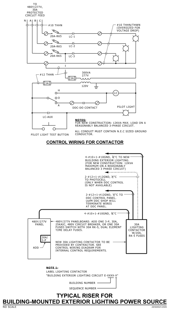 Schematic diagram of control wiring for building-mounted exterior lighting power source.
