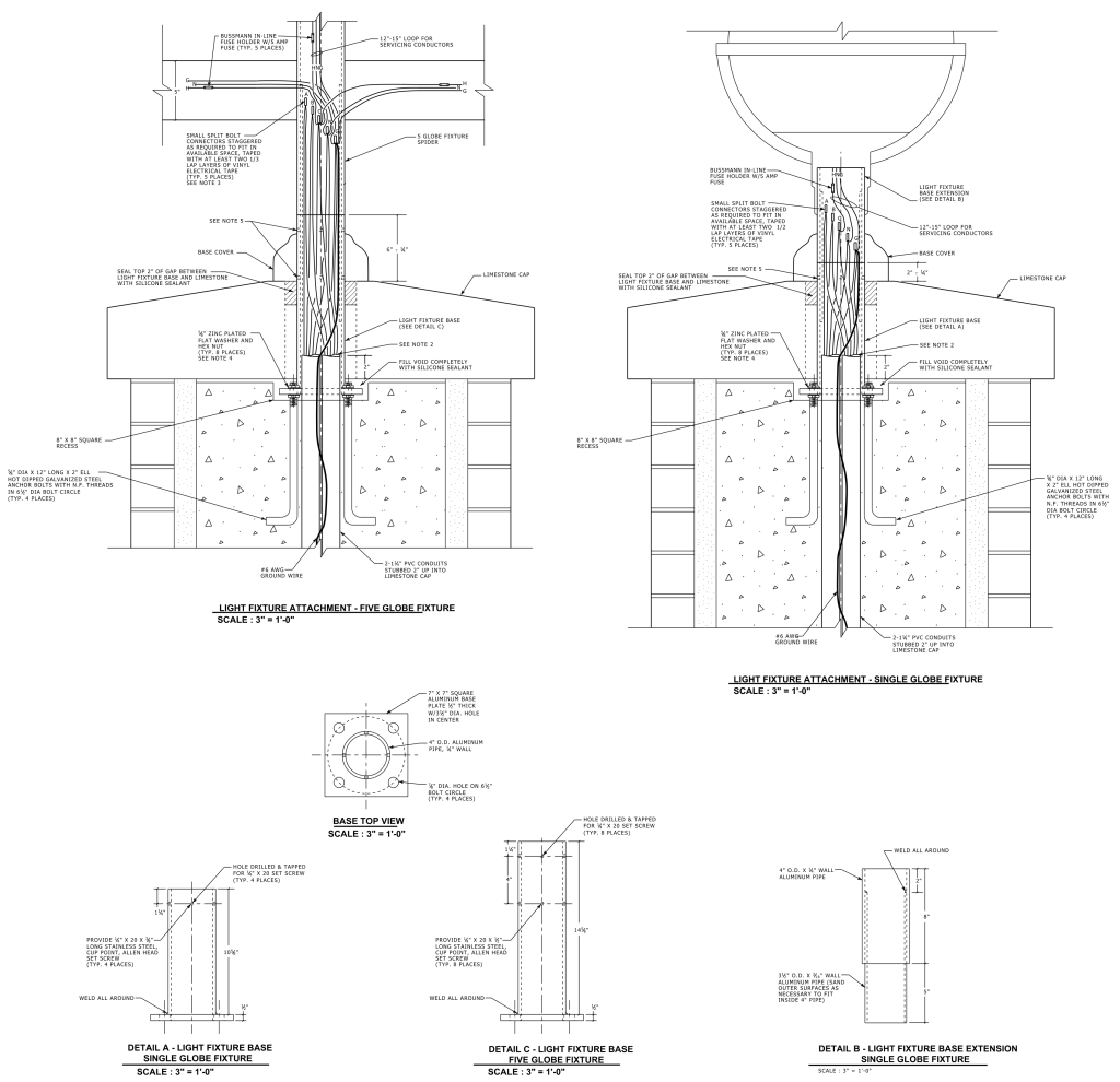 Architectural blueprint showing construction details for five-globe and single-globe light fixtures, including base and wiring specifications.