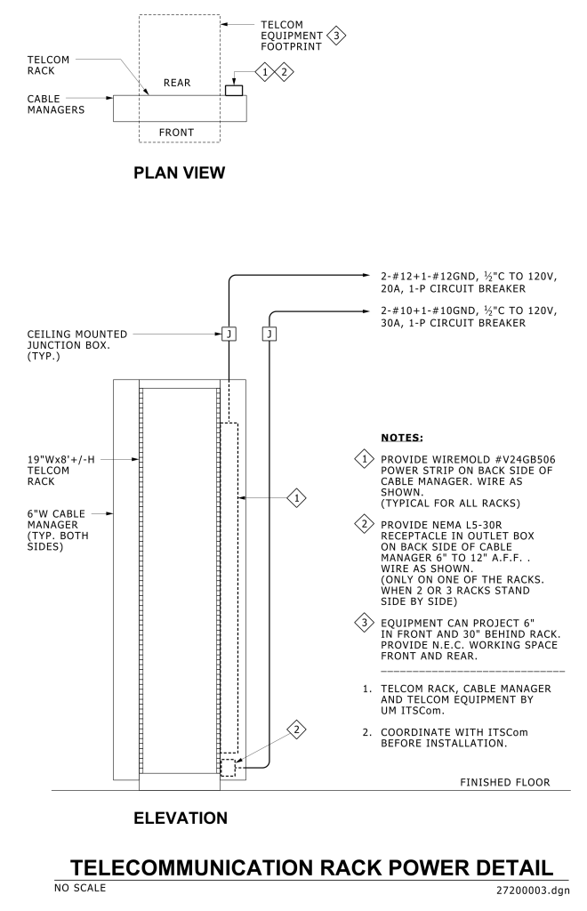 Schematic of a telecommunication rack power detail, including plan and elevation views with equipment placement and wiring instructions.