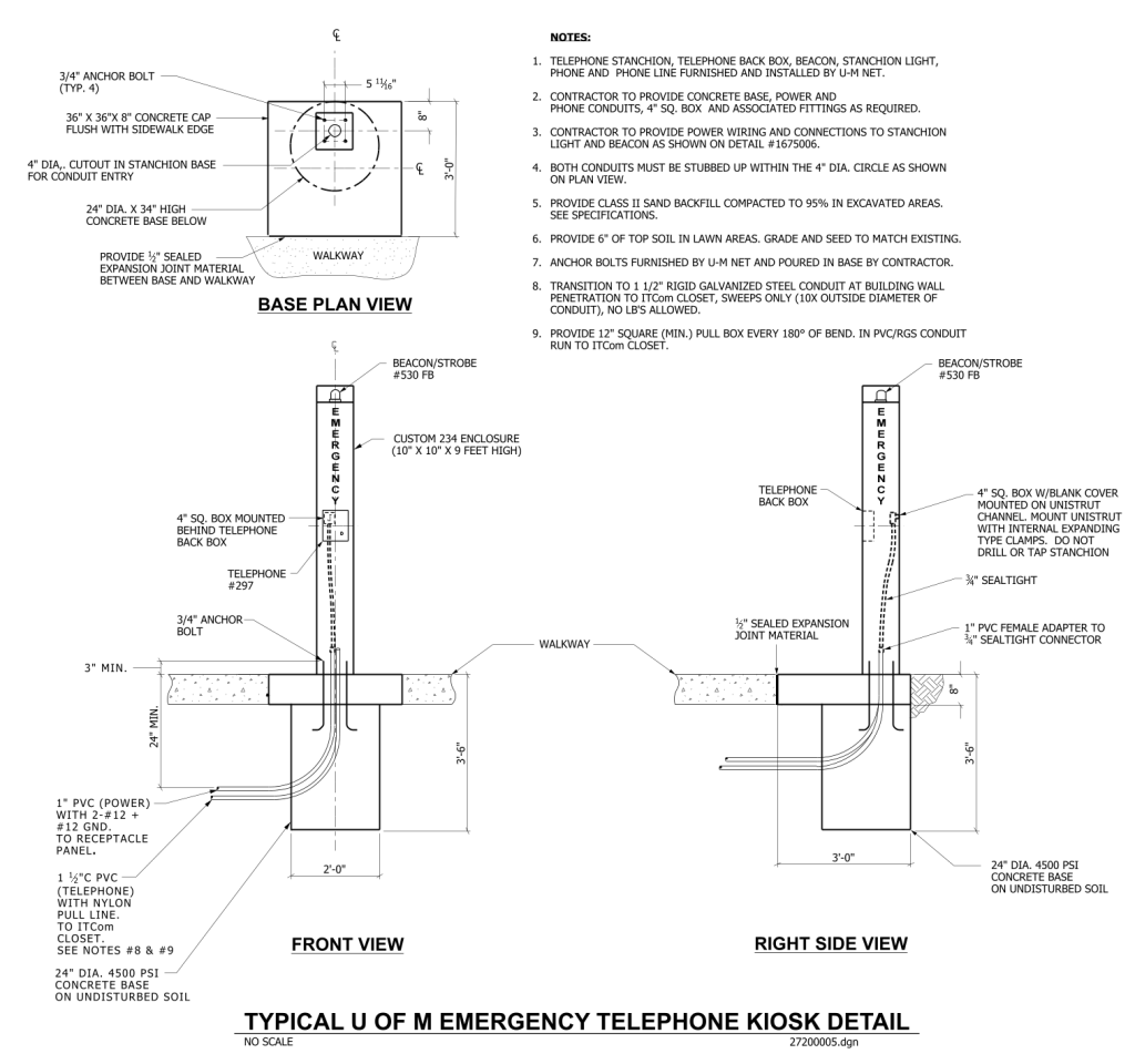Technical drawing of an emergency telephone kiosk, including base plan, front, and right side views with detailed dimensions and components.
