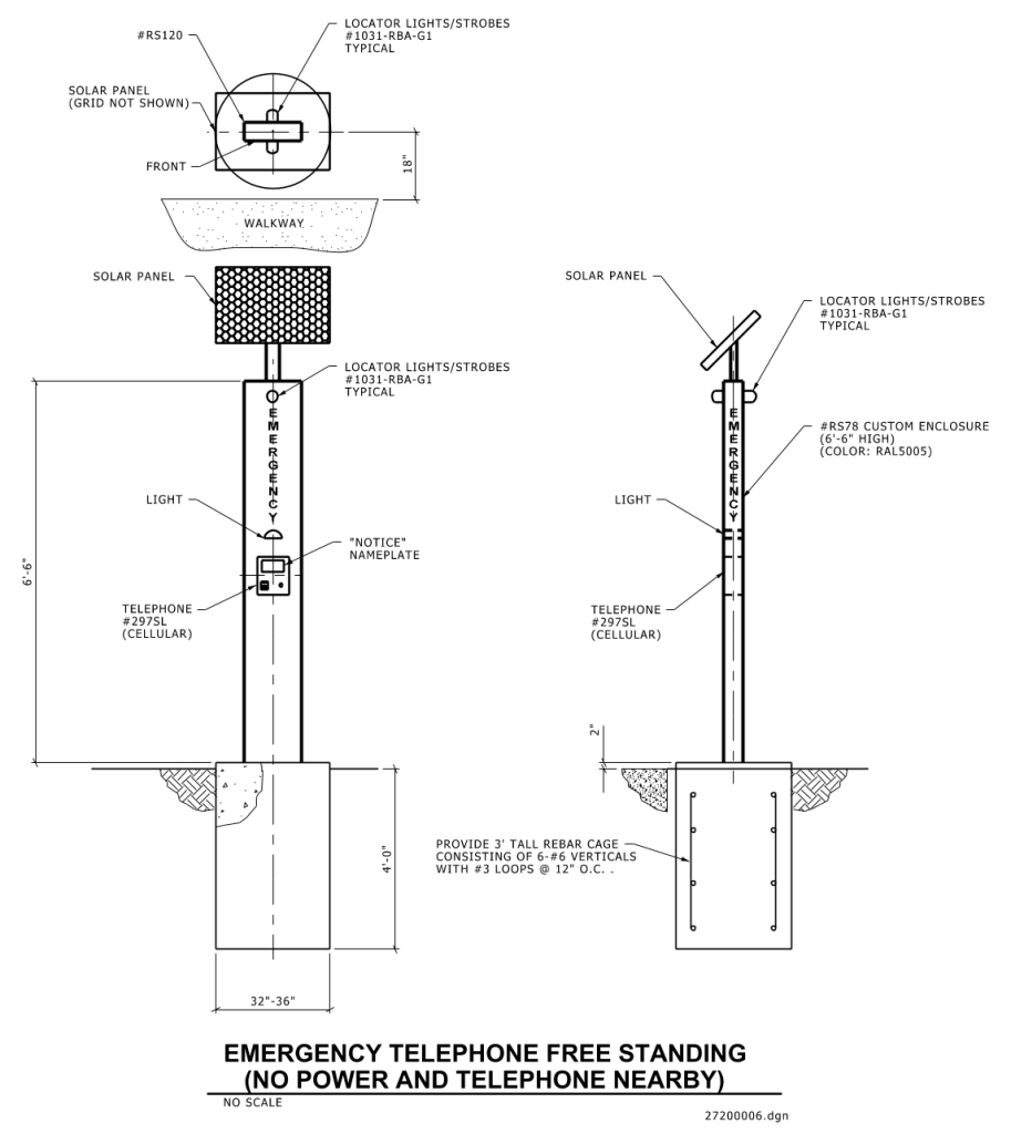 Technical diagram of a solar-powered emergency telephone station with detailed measurements.