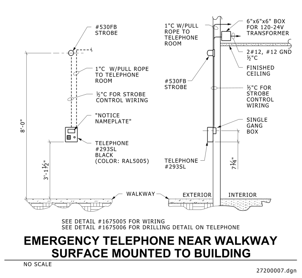 Technical drawing of an emergency telephone setup near a walkway.