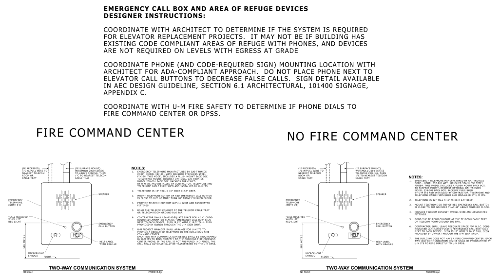 Diagrams for emergency call box installations with and without a fire command center, including textual instructions.
