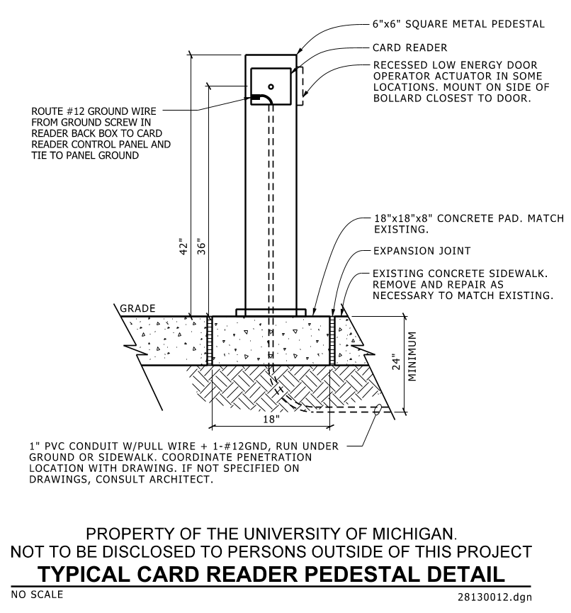 Blueprint of a card reader pedestal with dimensions and installation details.