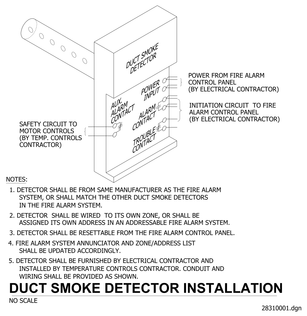Diagram of a duct smoke detector installation showing various connections and notes for installation specifications.