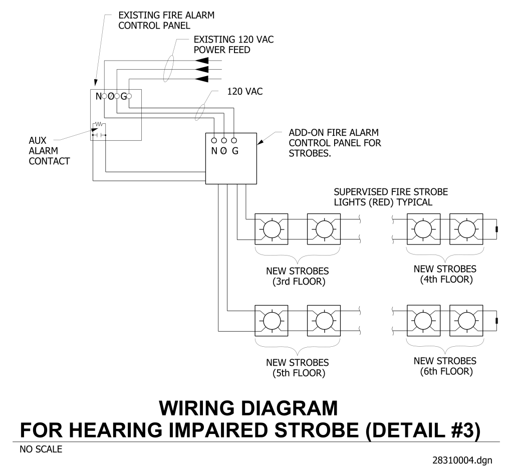 Wiring diagram of a fire alarm system for hearing-impaired strobe lights across multiple floors.