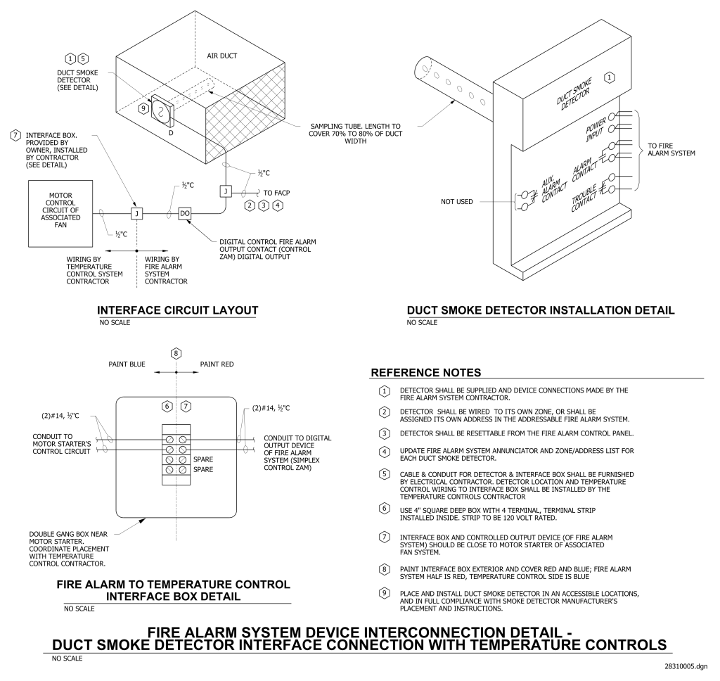 Diagram of fire alarm duct smoke detector interface with temperature controls, showing installation and wiring layout.