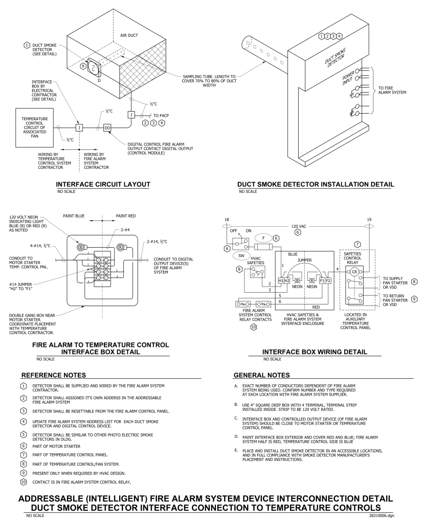 Technical diagram of a fire alarm system's duct smoke detector interface with temperature controls, including installation and wiring details.