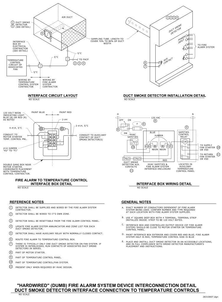 Diagram of duct smoke detector and fire alarm system interface with wiring and installation details.