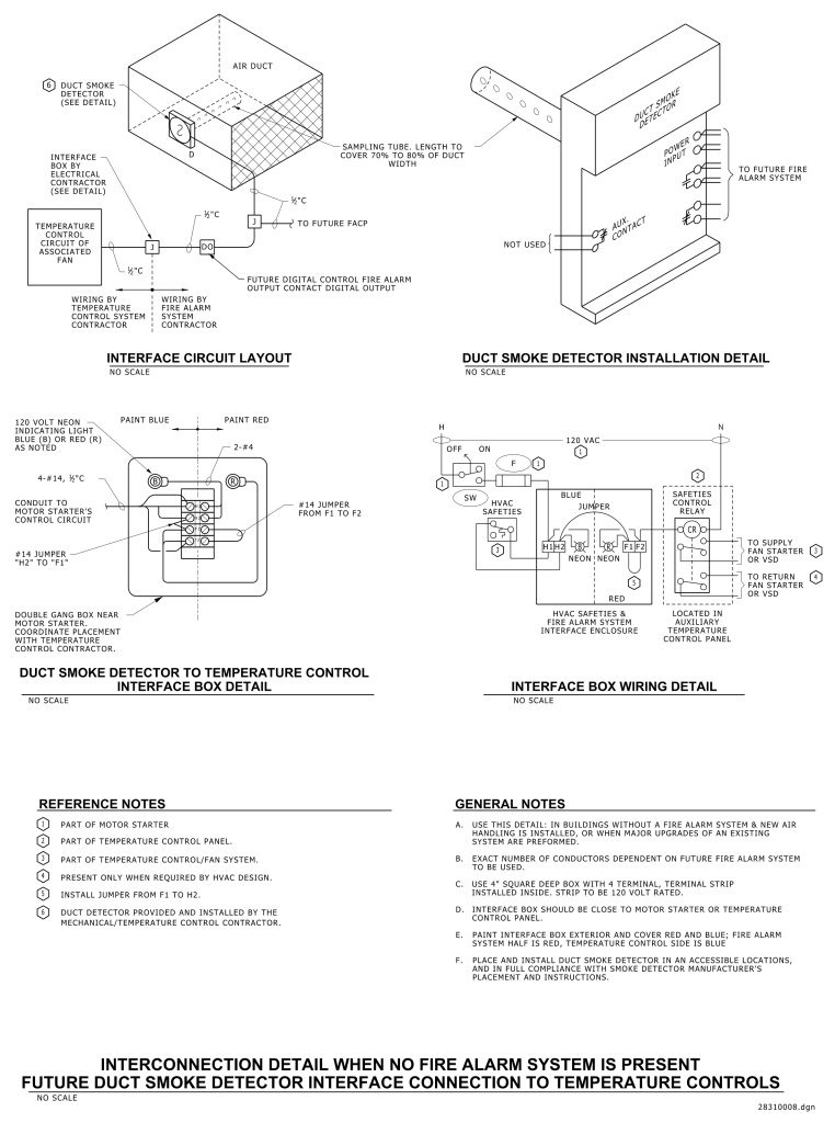 Technical diagram detailing the interconnection of a duct smoke detector system, including circuit layouts and installation details.