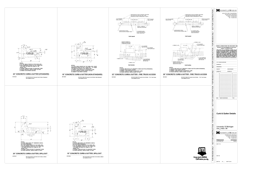 Detailed architectural plan showing various concrete curb and gutter designs.