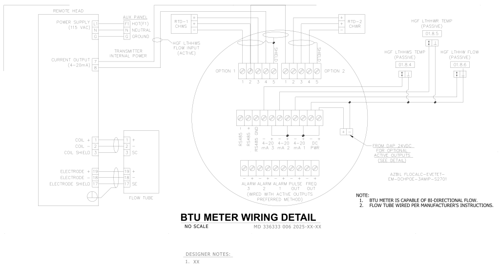 BTU Meter Wiring Detail diagram with labeled connections and wiring instructions.