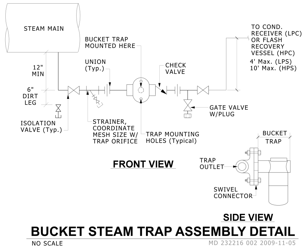 Technical diagram of a bucket steam trap assembly with front and side views.