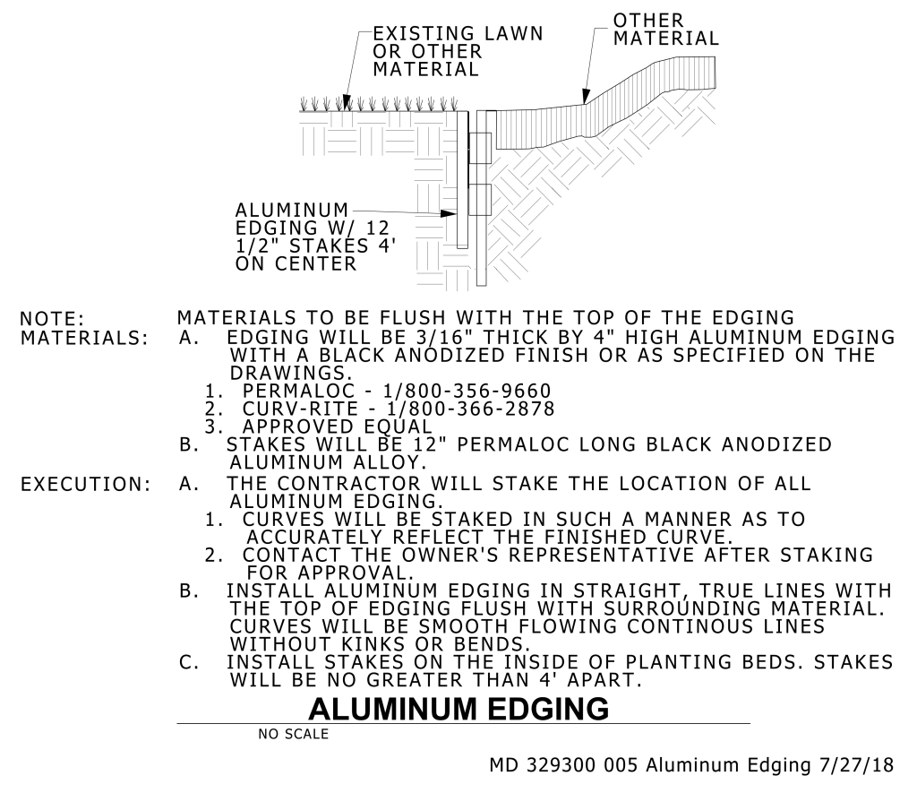 Technical drawing of aluminum edging installation with detailed instructions.