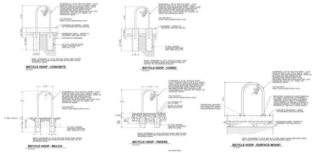 Technical drawings of bicycle hoop installations: concrete, cored, mulch, pavers, surface mount.