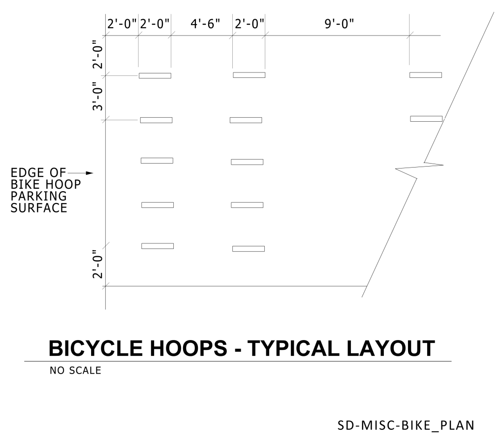 Diagram of a bicycle parking layout with measurements and bike hoop positions.