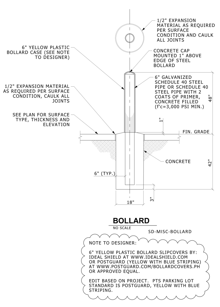 Technical drawing of a bollard with specifications for size, materials, and installation details.