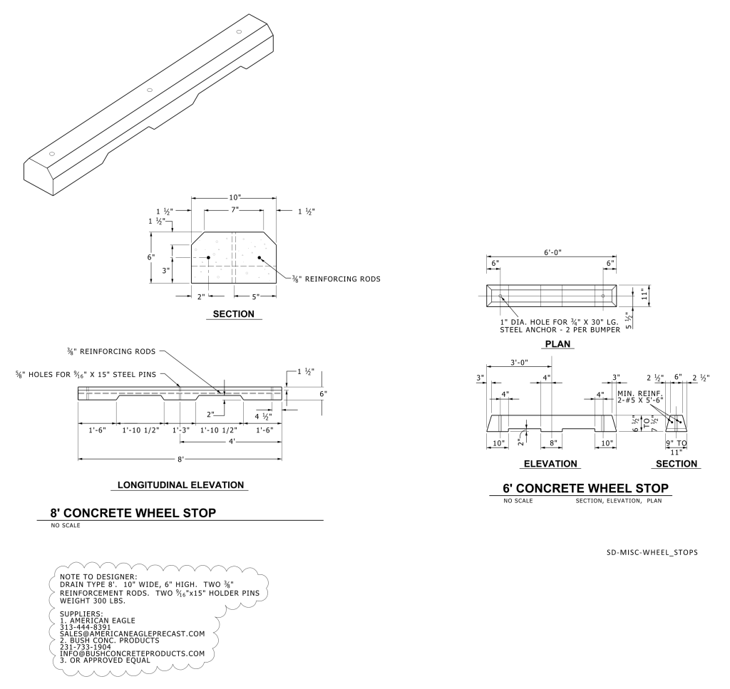 Technical drawings of 8' and 6' concrete wheel stops with detailed dimensions and reinforcement specifications.