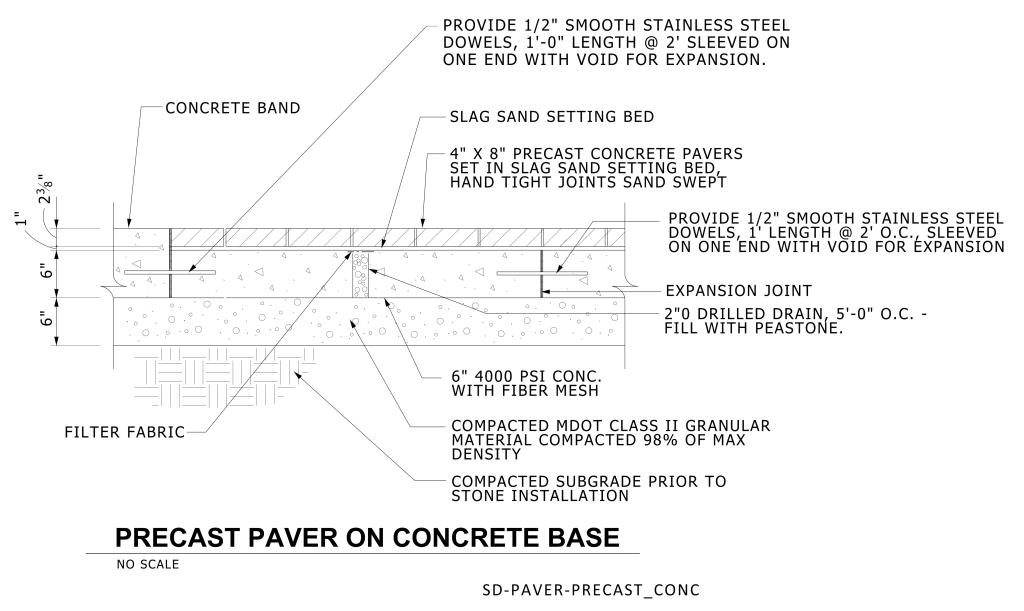 Cross-sectional diagram of a precast paver on a concrete base with measurements and material specifications.