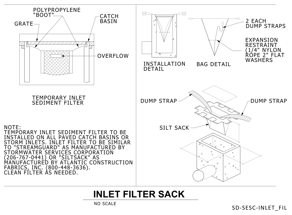 Technical diagrams illustrating a temporary inlet sediment filter installation, components, and exploded view of a silt sack.