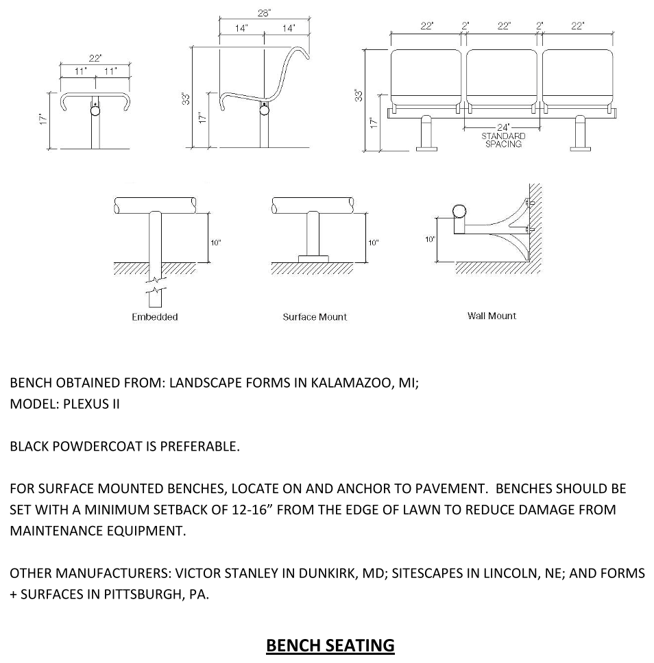 Technical drawings and specifications for Plexus II bench model from Landscape Forms.