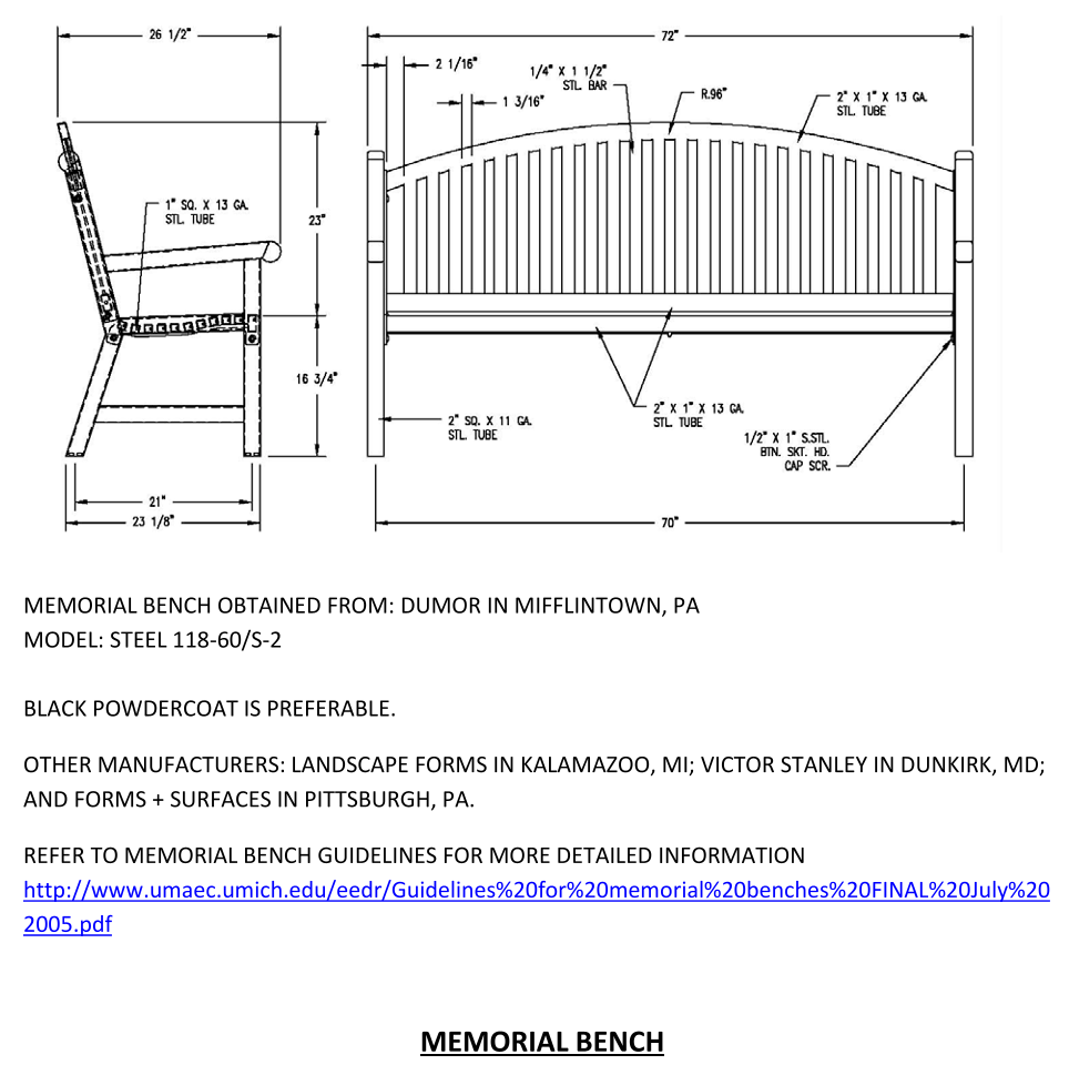 Technical drawing of a memorial bench with dimensions and materials specified.