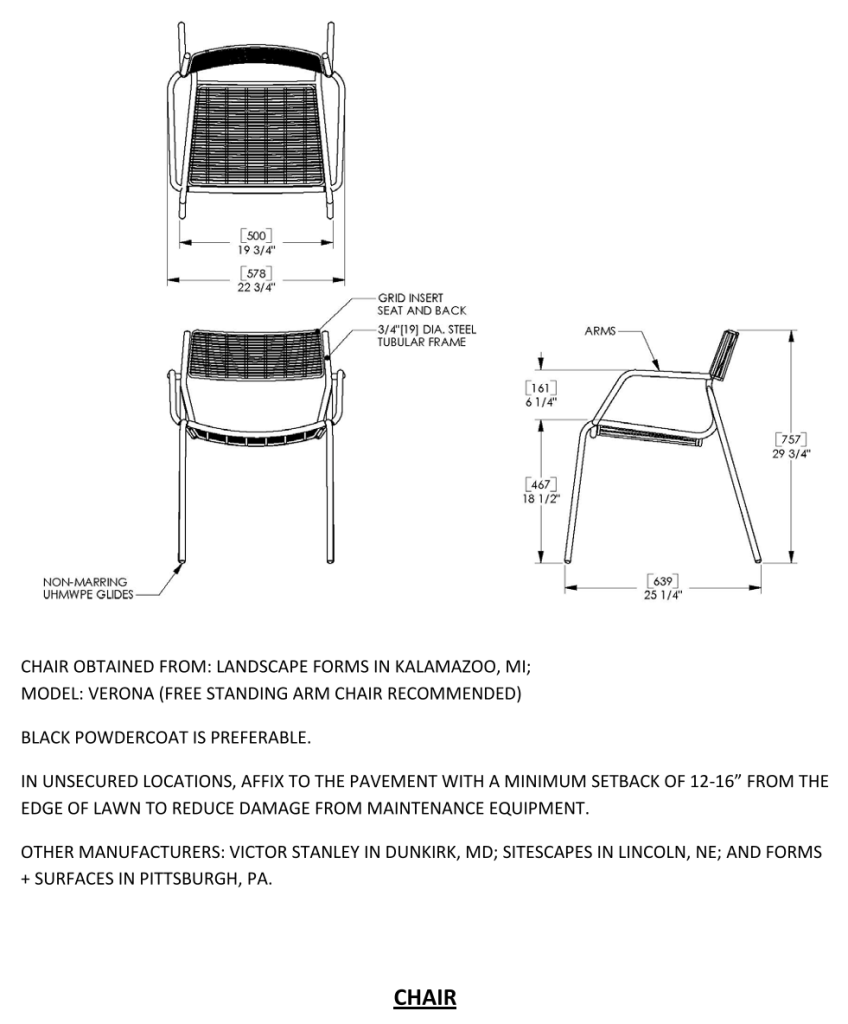 Technical drawing of a chair with top and side views, including measurements.
