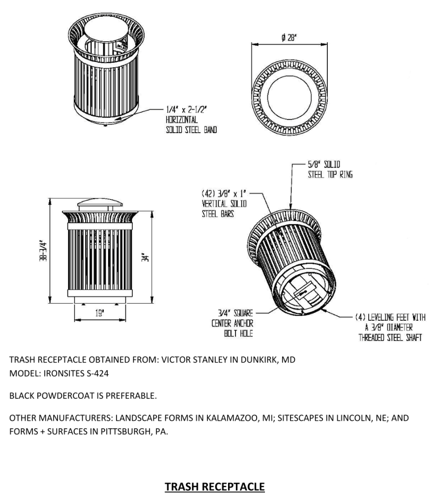Technical drawing of a cylindrical trash receptacle with dimensions and material specifications.