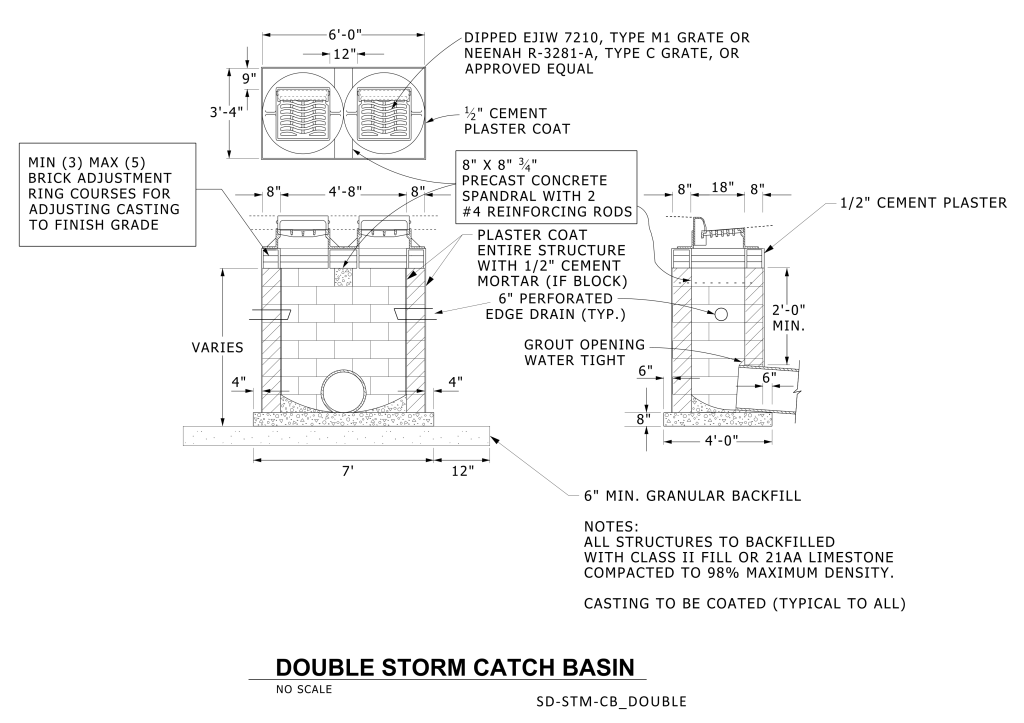 Technical drawing of a double storm catch basin with detailed measurements and construction specifications.