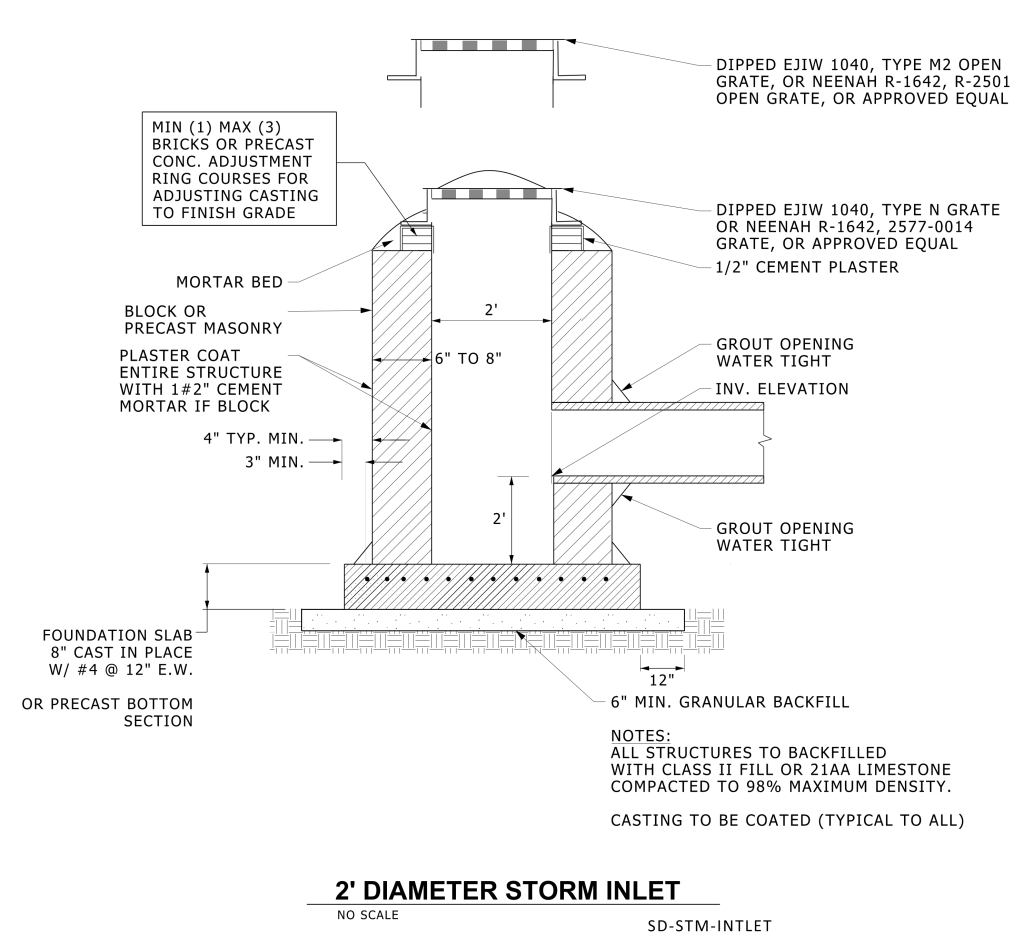 Technical drawing of a 2-foot diameter storm inlet with labeled components.