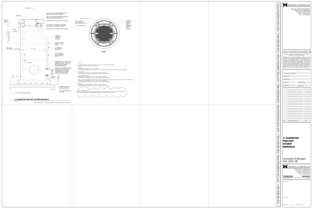 Architectural drawing of a 4-foot diameter precast storm manhole with side section and plan views.