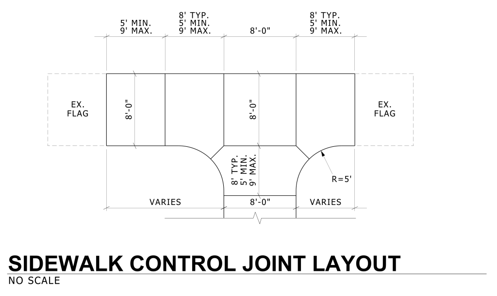 Diagram of a sidewalk control joint layout with varying segment widths and semicircular arcs.
