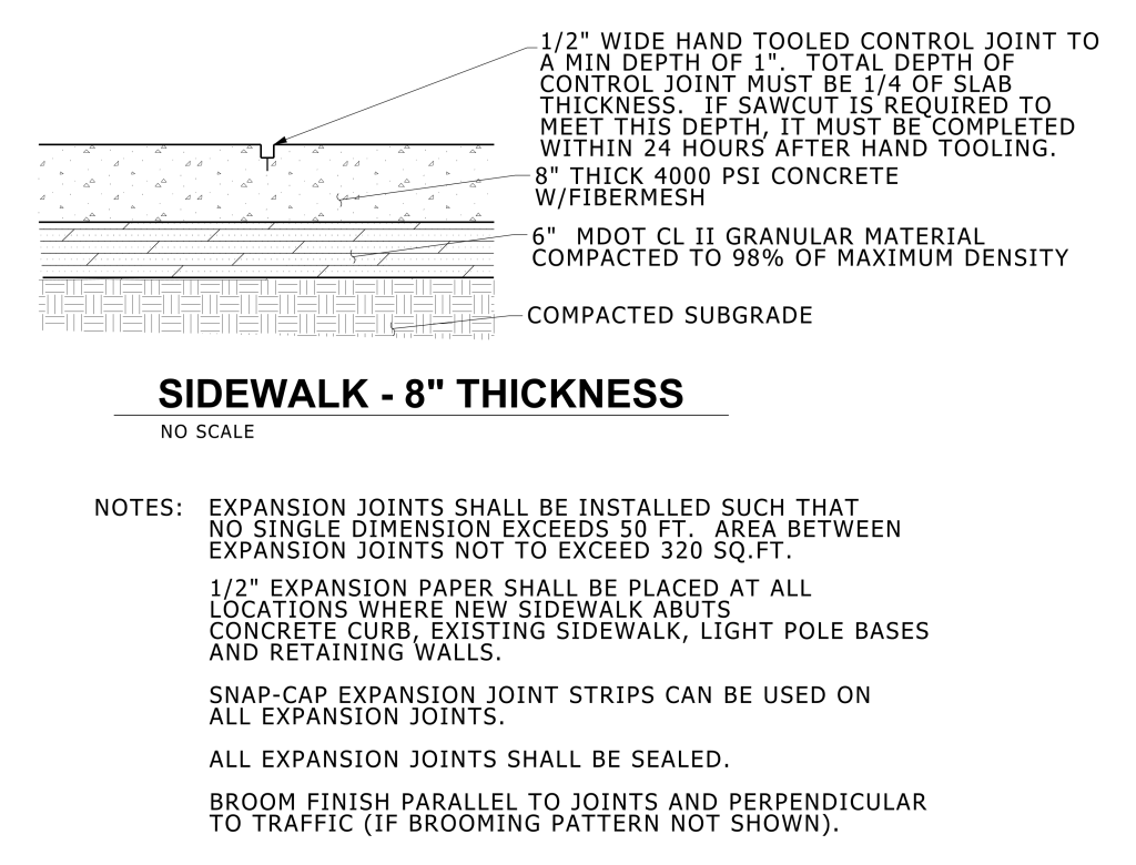 Technical drawing of an 8-inch thick sidewalk cross-section with specifications and notes.