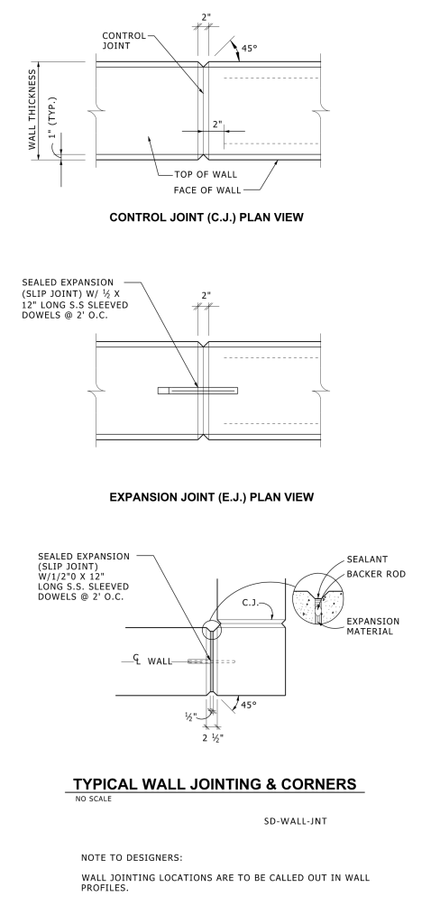 Technical diagrams illustrating control and expansion wall joint plans with dimensions and components labeled for construction reference.