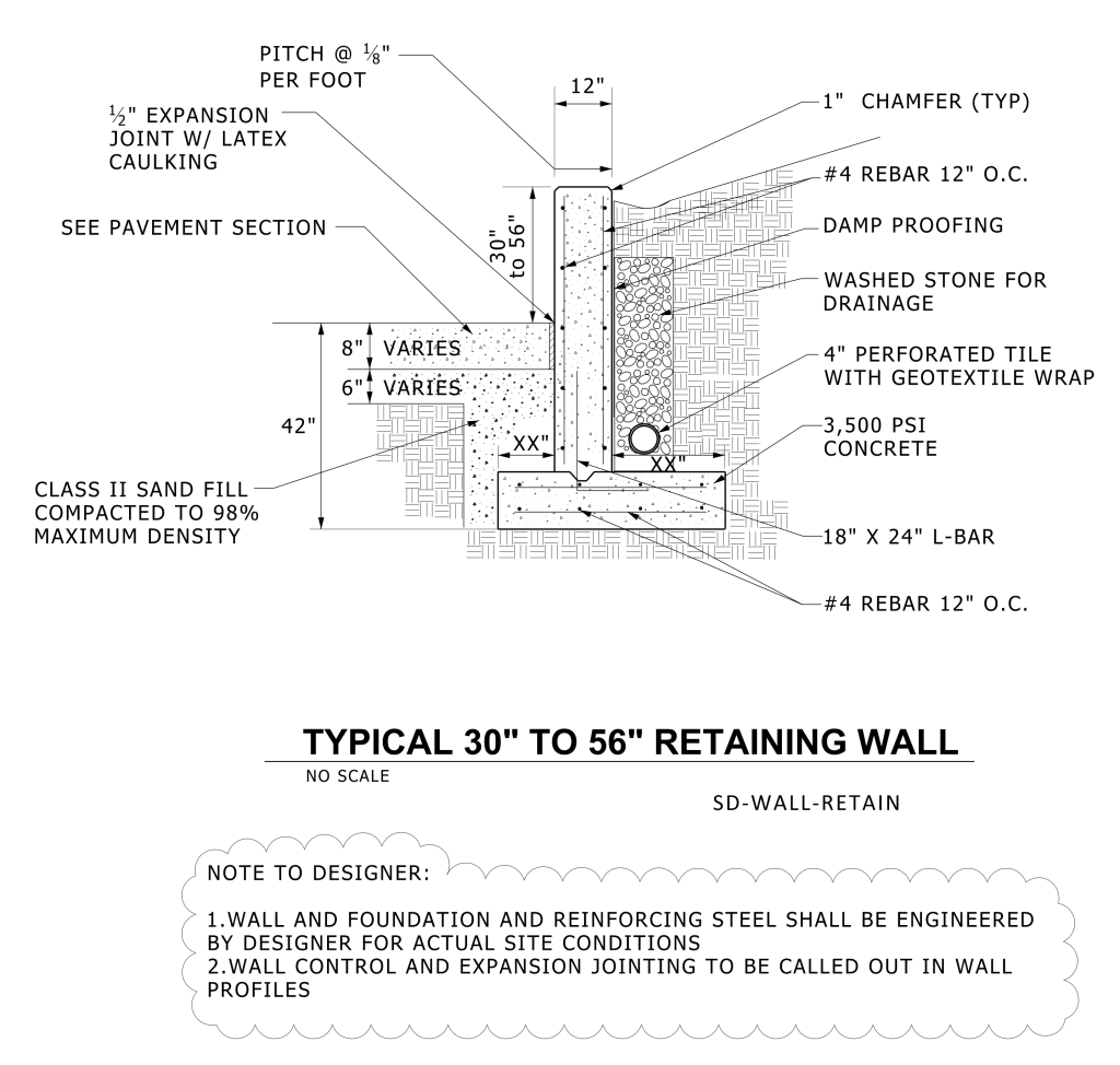 Cross-section diagram of a typical retaining wall with construction details and material specifications.
