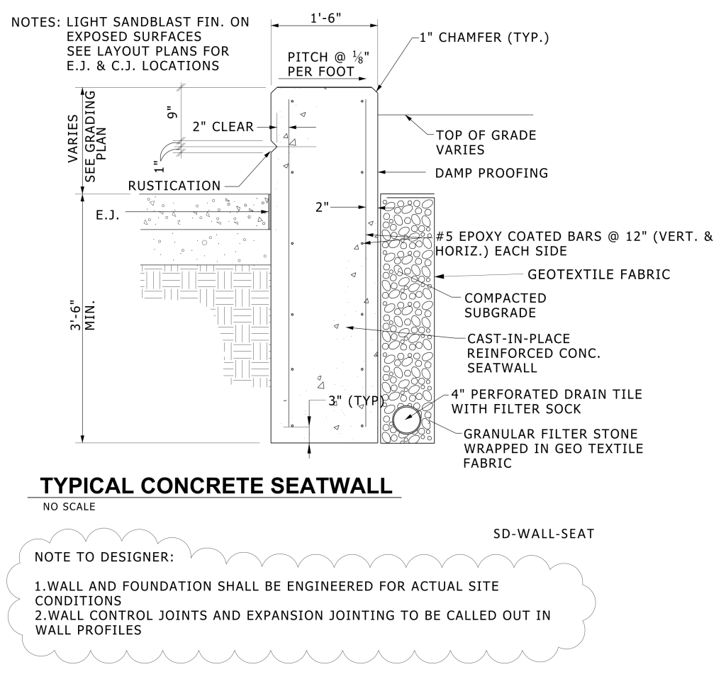 Cross-section diagram of a typical concrete seat wall with various components labeled.