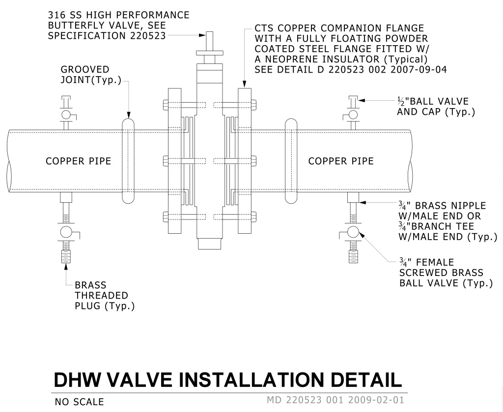 Technical drawing of a DHW valve installation featuring a butterfly valve and copper pipes.