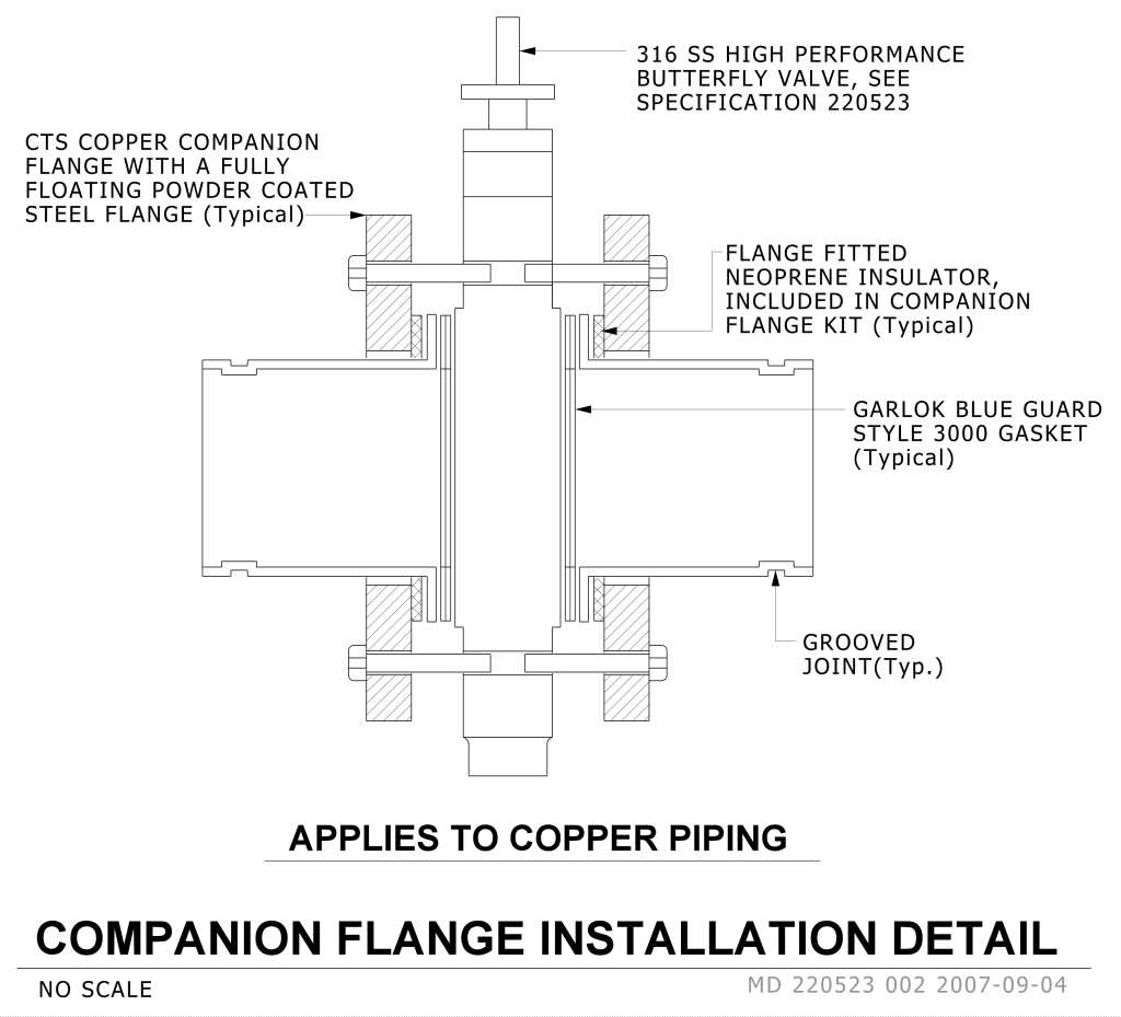Technical drawing of a companion flange installation with labeled components and specifications.