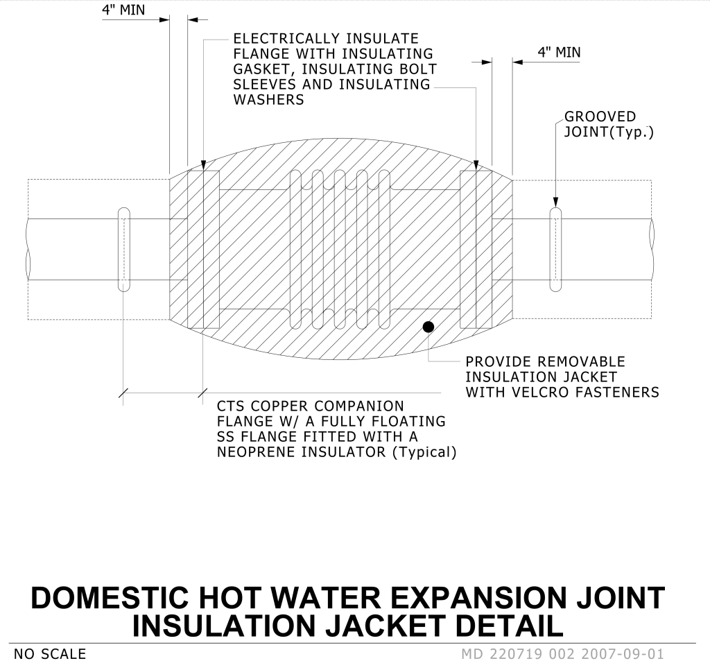 Technical diagram of a domestic hot water expansion joint with insulation jacket detail.