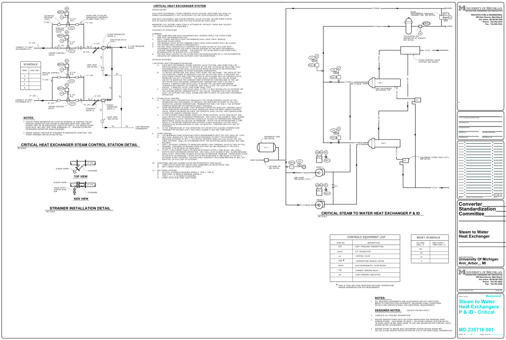 Engineering diagram of a critical steam to water heat exchanger system with piping and instrumentation details.