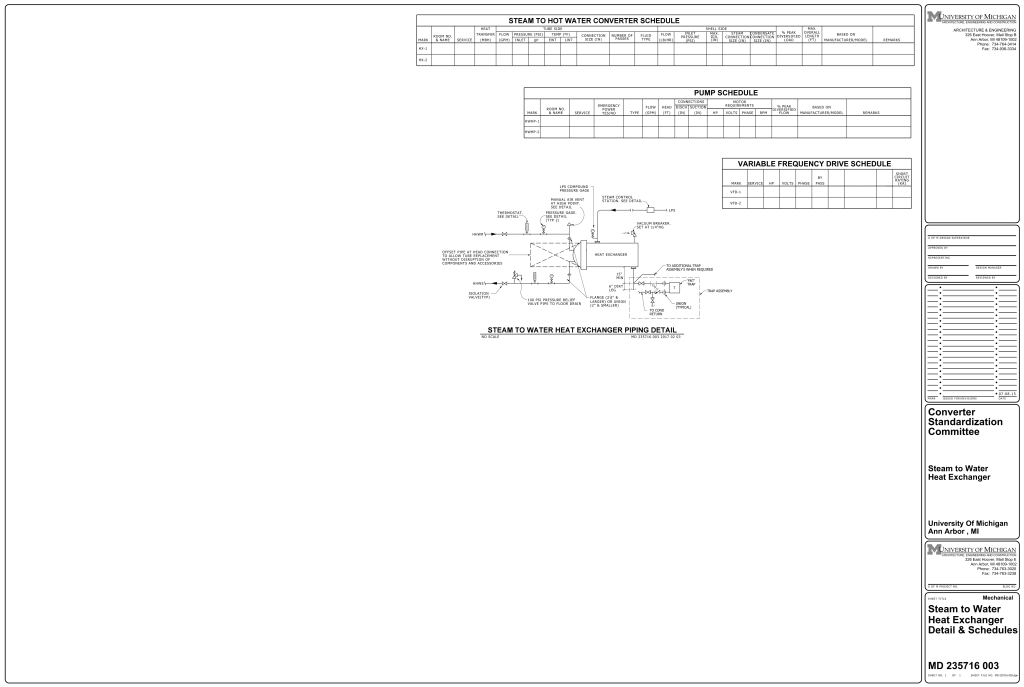 Technical drawing of a steam to hot water converter system with schedules and piping diagram.